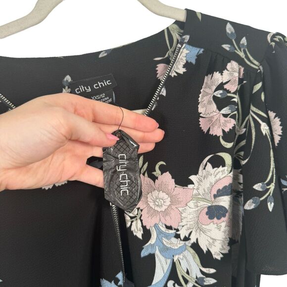 City Chic Nouveau Black Floral Dress Zip Front Flowy Boho NWT Womens XXS 12 - Picture 6 of 9